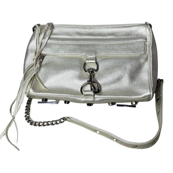 Rebecca Minkoff Silver Pebble Leather Crossbody Bag with Silver Chain Strap - Picture 1 of 9